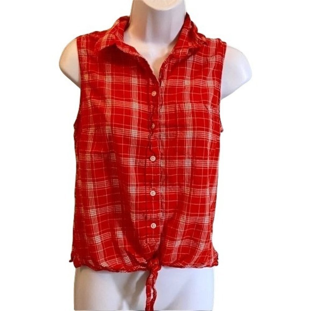 J. Crew Sleeveless Button Down Top with Front Tie Red White Plaid Women's Medium